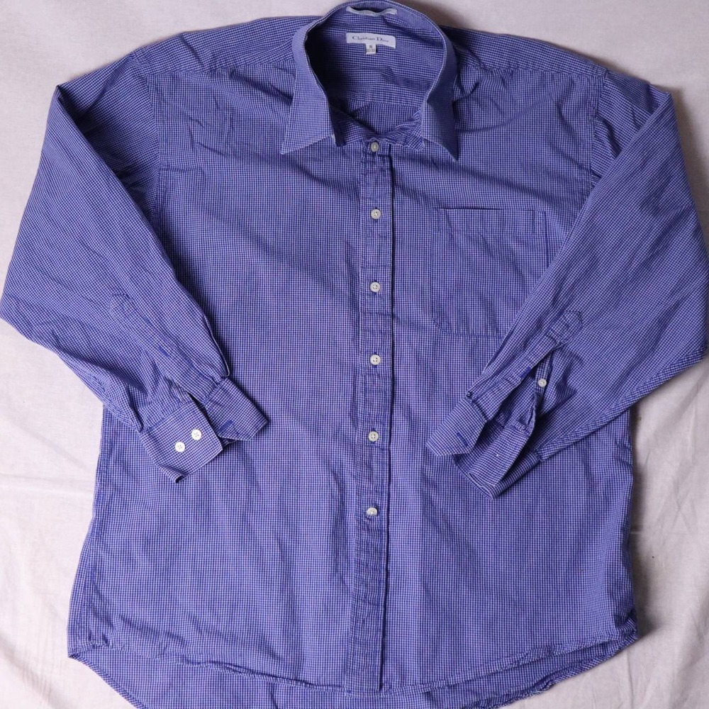 Christian Dior Mens Blue Gingham Check Shirt Button Down Long Sleeve Size 16 - Picture 3 of 7